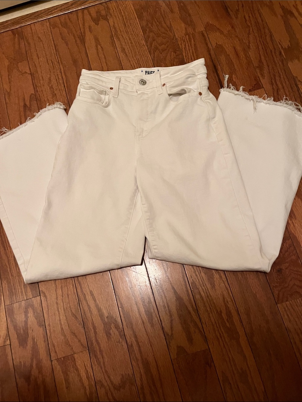 PAIGE Anessa White High-Rise Wide-Leg Cropped Jeans Raw Hem Size 24 - Picture 2 of 10